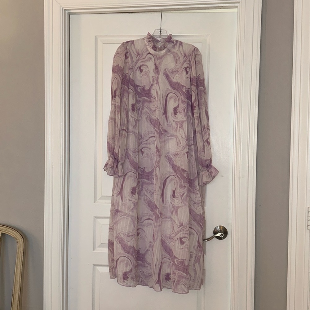 GANNI White & Purple Georgette Pleated Long Dress